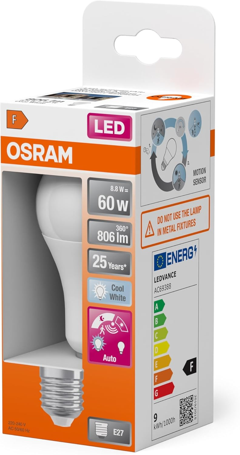 Osram LED Lamp Star A60 Motion Sensor 8.8 W 840 4000 K Cool White E27 806 Lm 3 M Range Daylight Sensor