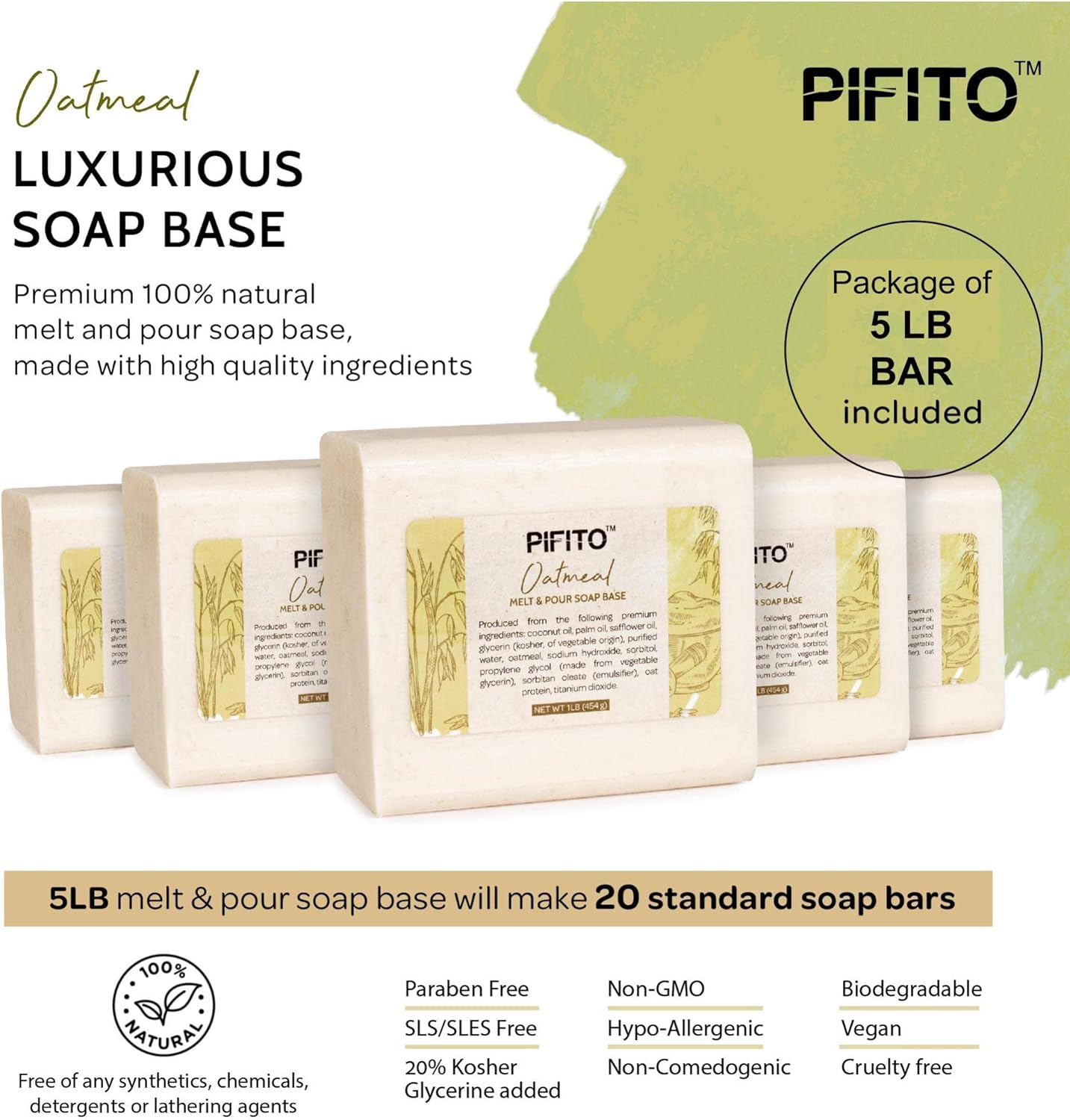 Pifito Premium Oatmeal Melt and Pour Soap Base (5 Lb) - Natural Vegetable Glycerin Soap Base - Excellent Hand Soap Making Supplies