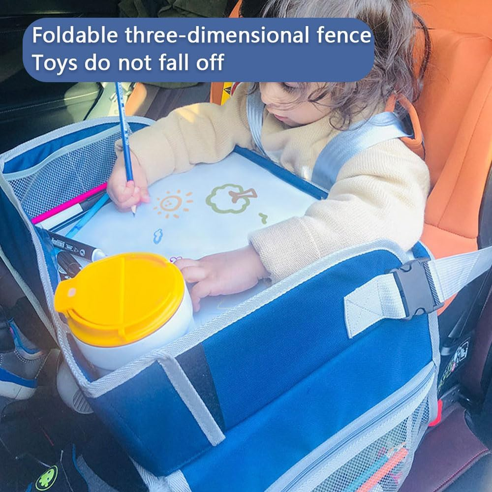 HYAVIA Kids Travel Tray with Whiteboard, Car Seat Drawing Board for Toddlers, Portable Activity Lap Tray with Storage Pockets & Adjustable Strap, Navy Blue, 44&times;34&times;11Cm image number 4