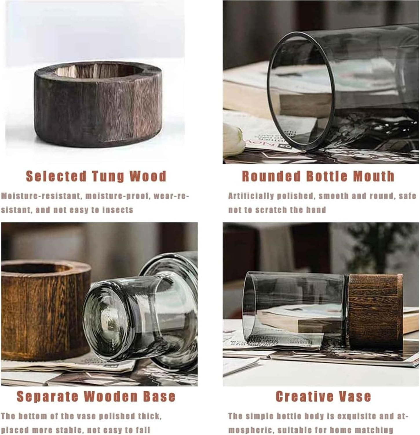 BAKAMITAYI Wood Glass Vase,Wooden Base Cylindrical Flower Vase,10" H,Classic Boho Rustic Style for Fireplace Bedroom Kitchen Living Room Centerpieces Office Desk image number 1