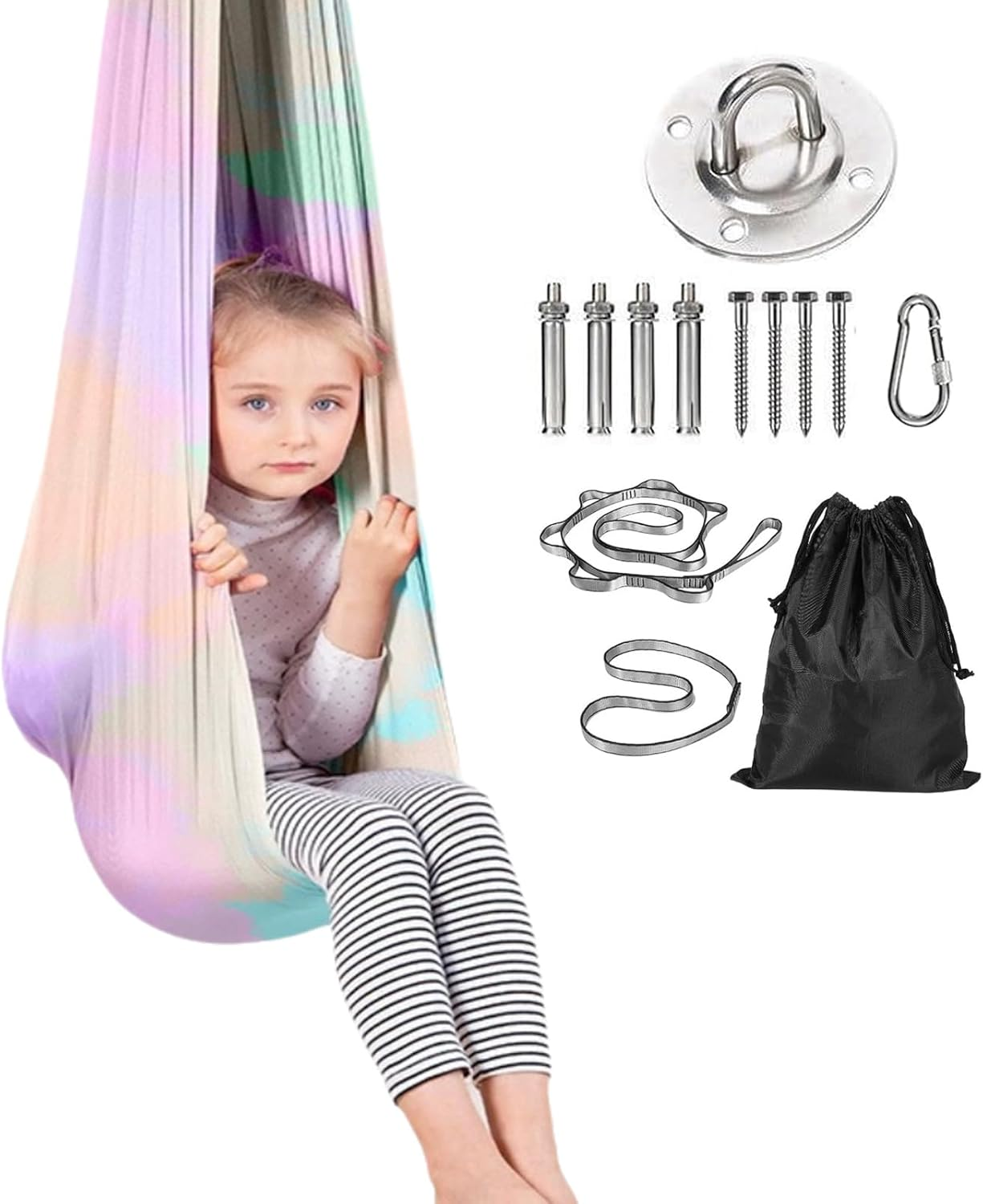 Visuivit Sensory Swing for Kids, Therapy Swing Indoor Outdoor, Healing & Relaxing Cuddle Indoor Swings for Kids with Autism, ADHD, Sensory Processing Disorder (Rainbow, Single Layer) image number 3