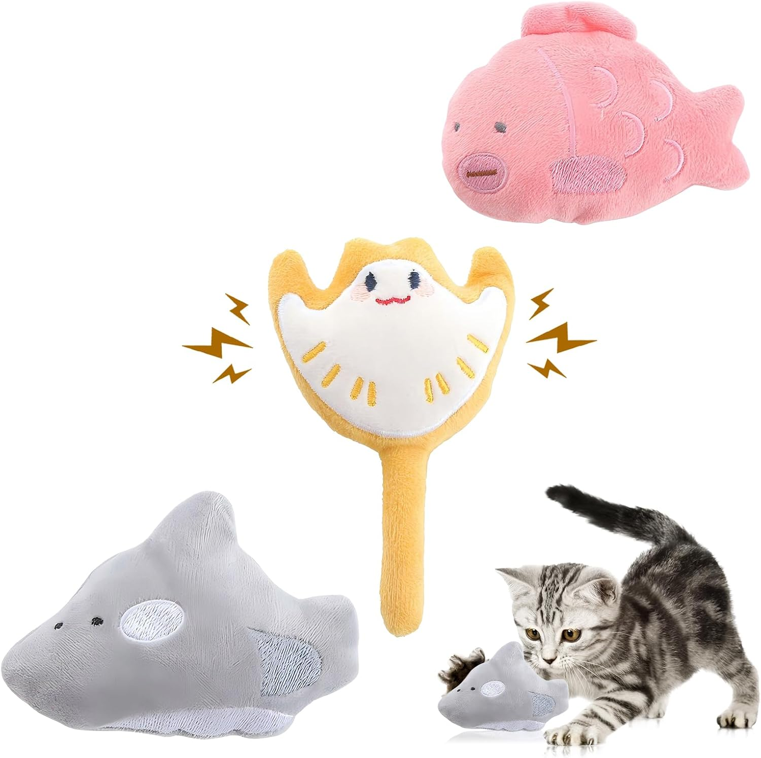 Larfraecy 3-Pack Cat Catnip Toys Plush Cat Chew Teeth Cleaning Toys with Catnip Interactive Toy for Cat Squeaky Ocean Creatures Toys for Cats, Includes Stingray, Clownfish, and Shark image number 2
