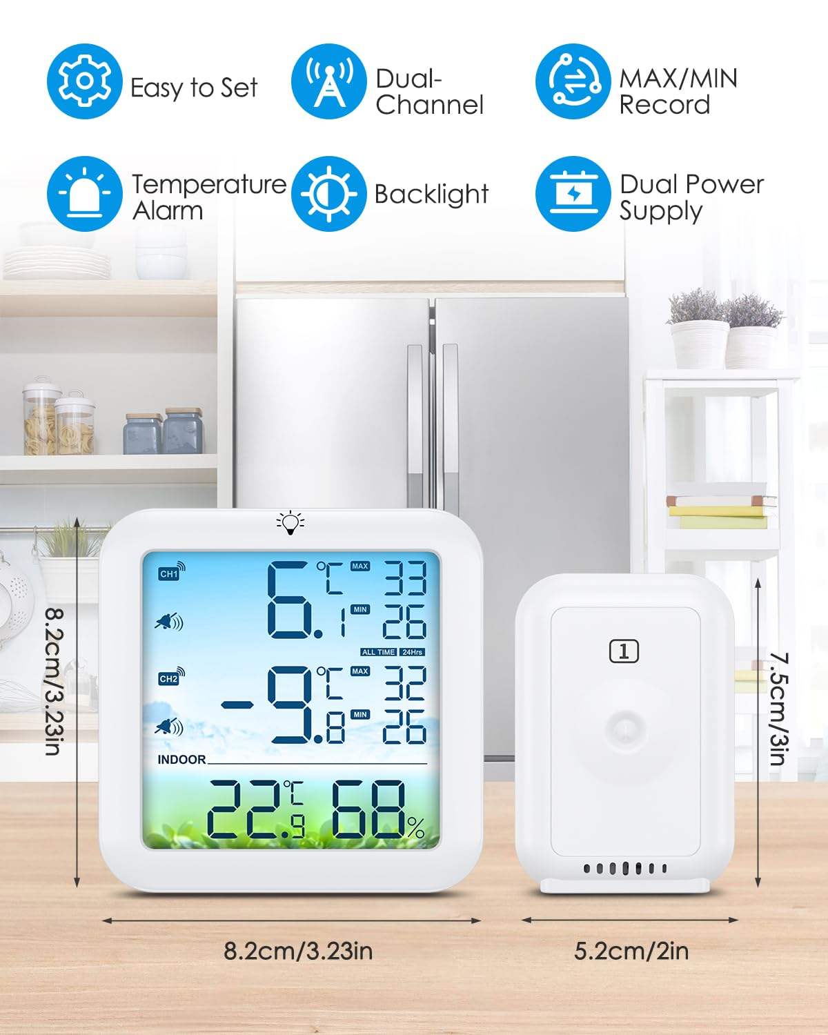 AMIR Wireless Fridge and Freezer Thermometer with Alarm, Max/Min Temperature Records Digital Refrigerator Thermometer, 328FT Remote Range, Magnetic & Stand Options for Kitchen Home Restaurant image number 2