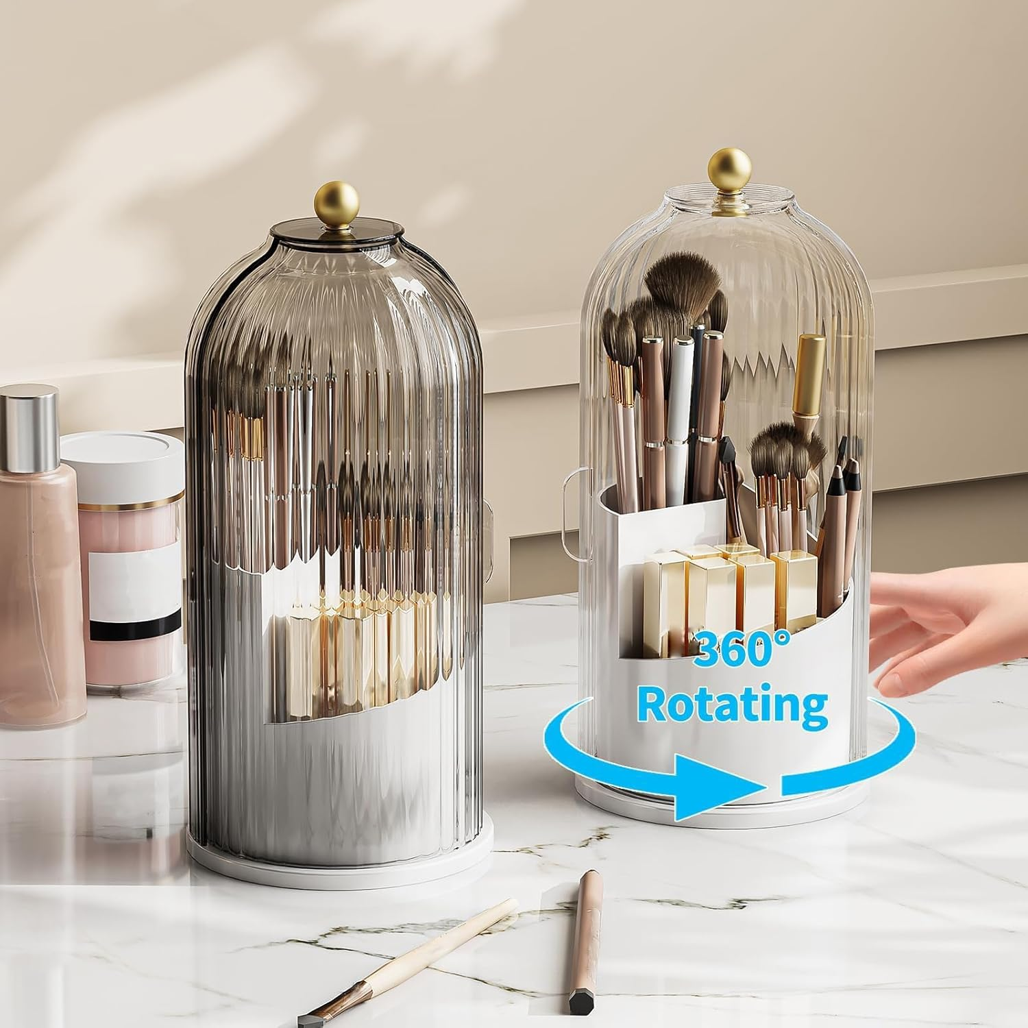 STORICANS Makeup Brush Holder Rotating Organiser with Clear Lid，Sliding Opening Dustproof Makeup Brush Case Makeup Organizer Storage for Dressing Table Organiser,Vanity,White - White image number 6