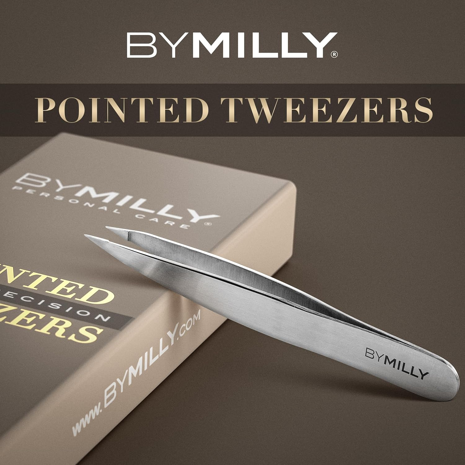 By MILLY Pointed Tweezers | High Carbon Stainless Steel Needle Nose | Fine Point Precision Hair Removal | Perfectly Aligned & Hand-Filed Sharp | Silver image number 3
