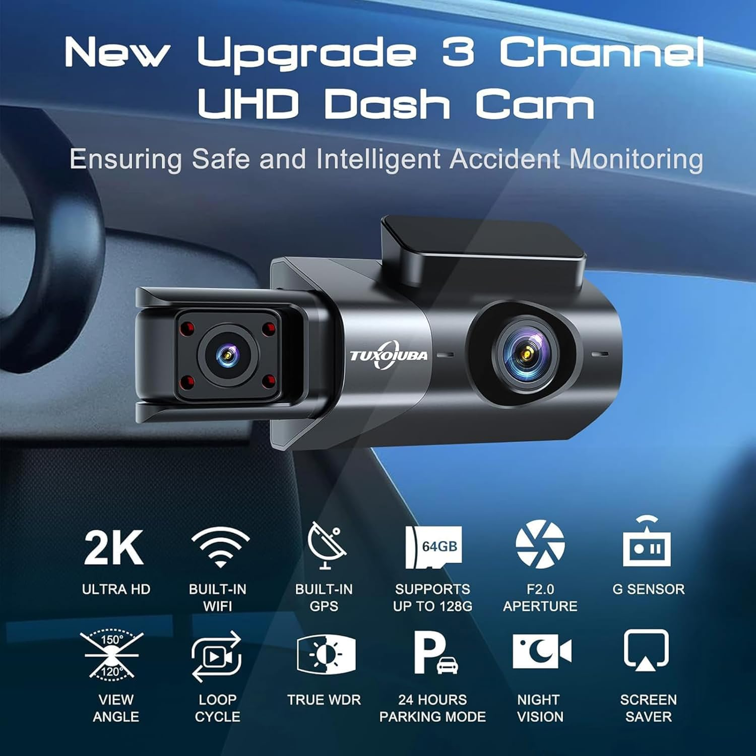 A6 Triple Lens Dash Camera - 2K Front, 1080P inside & Rear, Built-In GPS & Wifi, Night Vision, 3" LCD Screen Dash Camera for Cars with App ﻿ image number 1