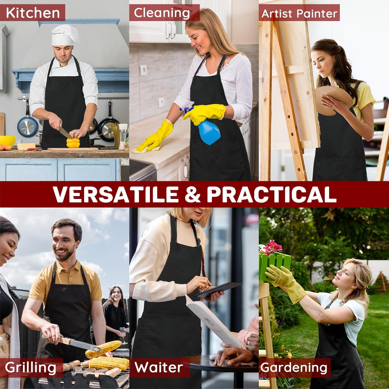 2 Pcs plus Size Chef Apron, Unisex Apron with 2 Pockets for Cooking, Grilling, BBQ, Work, Professional Apron for Waiter Artist Hairdresser (Large Size) - Deep Red image number 5