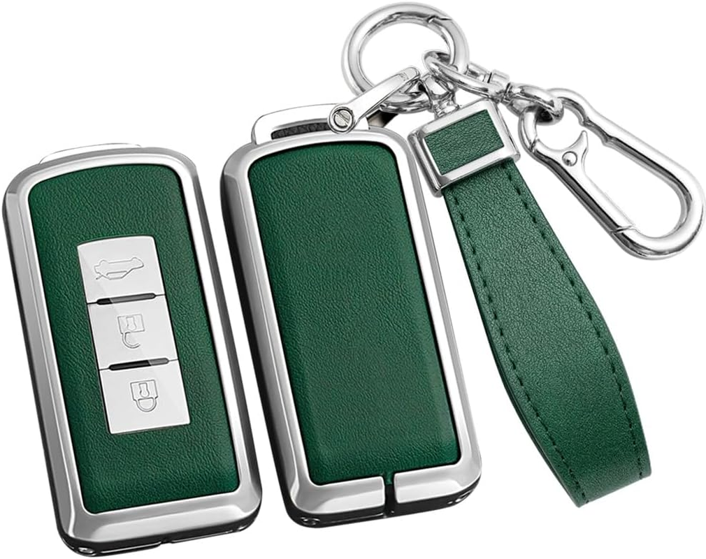Ontto Metal Car Key Fob Cover Fit for Mitsubishi L200 ASX Outlander Eclipse Cross Pajero Sport Lancer Xpander Triton Leather Key Case Shell Key Holder Keyring Keychain Accessories Silver-Green - Black-Borwn image number 7