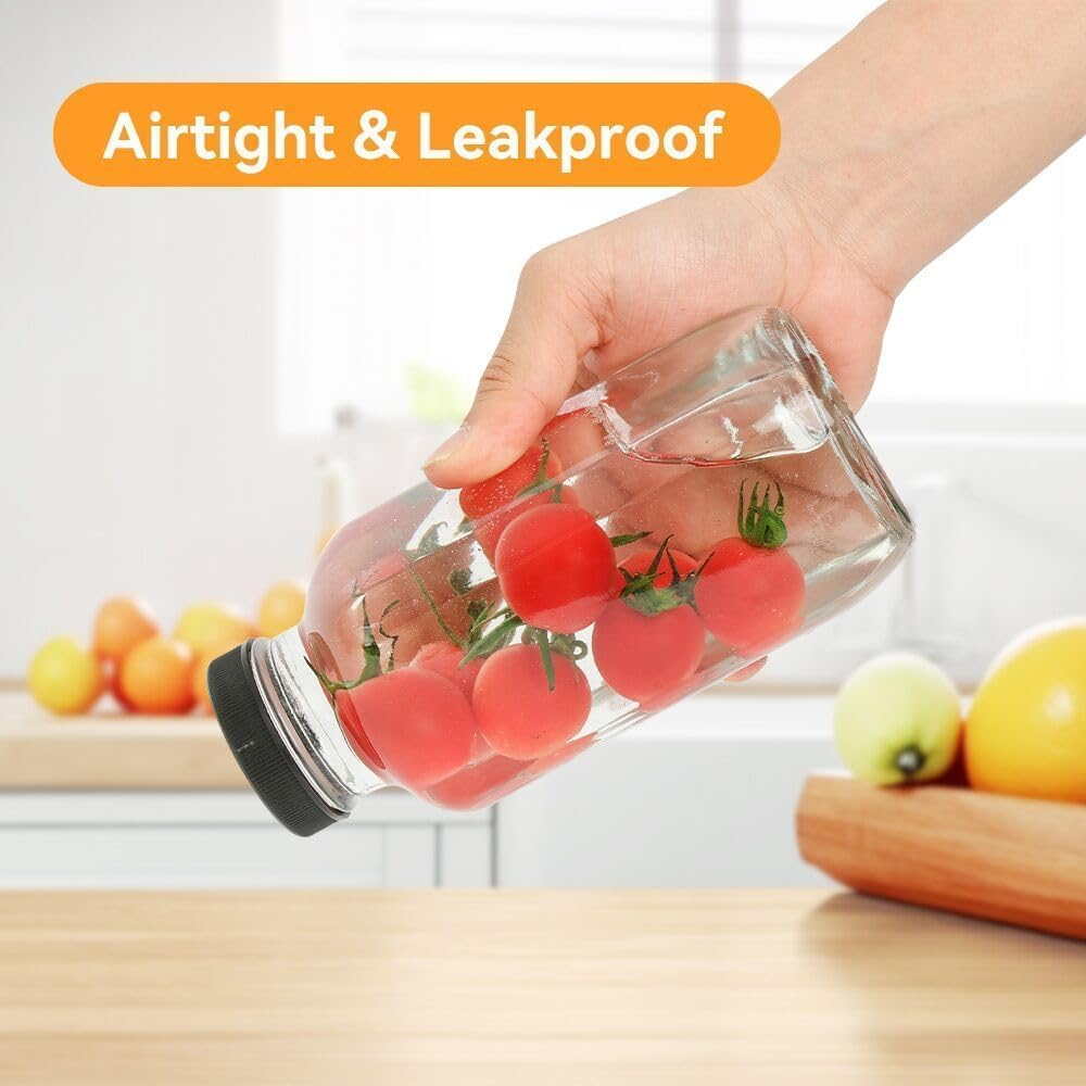 Juice Bottles, Glass Bottles with Lids, Reusable Glass Drink Bottles, Clear Jars with Caps, for Milk, Juicing, Kombucha, Ginger, Beverage Glassware, Drinking Jars, 16 Oz 6 PCS