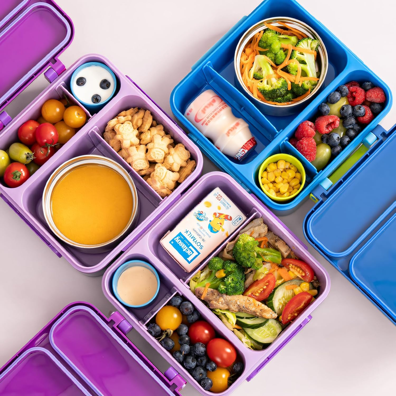 Bento Box for Kids & Adults, Insulated Leak-Proof Lunch Box with Insulated Food Jar for Hot Food, 4-Compartments Lunch Container with Cutlery and Snack Box for School Outdoors Office (Purple)