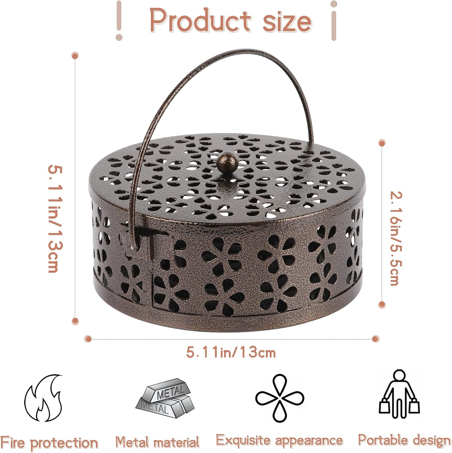 Retyion Retro Portable Iron Mosquito Coil Holder with Handle round Fireproof Incense Holder for Home Office Camping (Bronze) image number 2