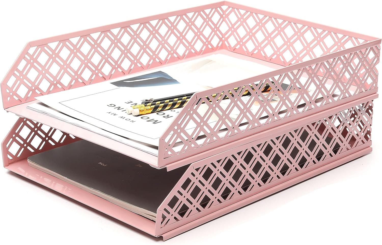 Exerz Letter Trays 2Pcs Stackable Paper Sorter/Desk Organiser/File Tray for Desk - Wire Mesh Metal File Rack - Office, School, Home Study (White)