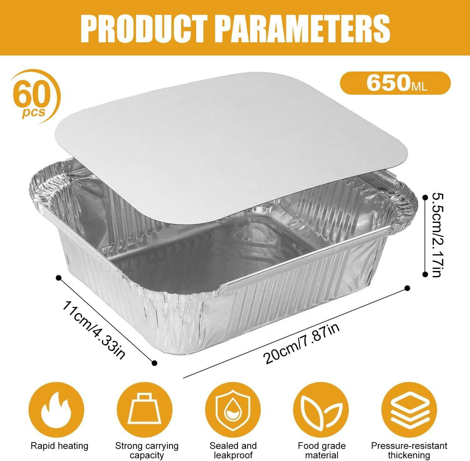 60 PCS Foil Trays with Lid, 20X11X5.5Cm Aluminium Foil Pan Foil Food Containers, 60 Pans and 60 Cardboard Covers, Tin Foil Pans for Baking, Meal Prep, Freezer and Takeout image number 2