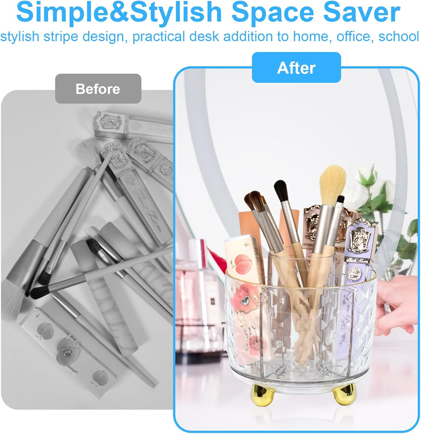 Marte Vanci Pen Pencil Holder, 360&deg; Rotating Makeup Organiser Brush Holder with Phone Stand, Pen Pot Brush Organiser 5 Slots Desk Storage Box Caddy for Dressing Table Office Stationery Clear Gold - Clear Silver image number 6