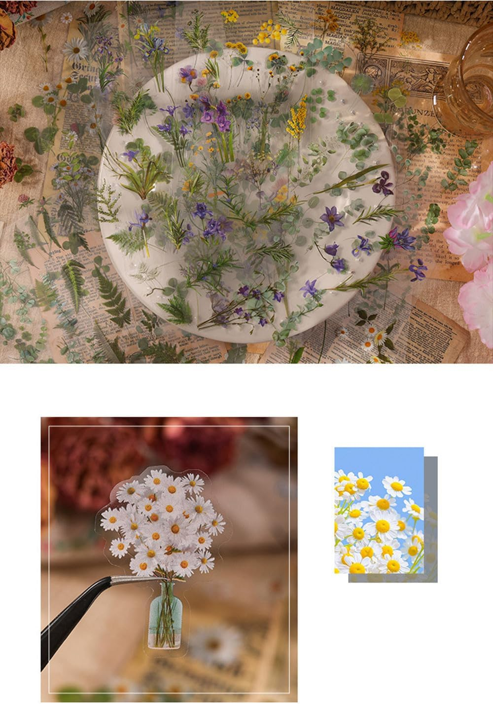 Scrapbooking Supplies Stickers (720Pcs /8Pack), Vintage Transparent Decorative Pretty Retro Floral Stickers Set, Nature Themes Stickers, for Scrapbooking Journaling DIY image number 3