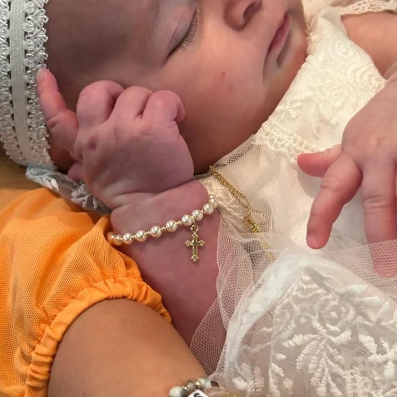 Christening 14KT Gold-Filled Beads with Cream Swarovski Simulated Pearls and Cross Charm Luxury Unisex Baby Bracelet (BGC) image number 2