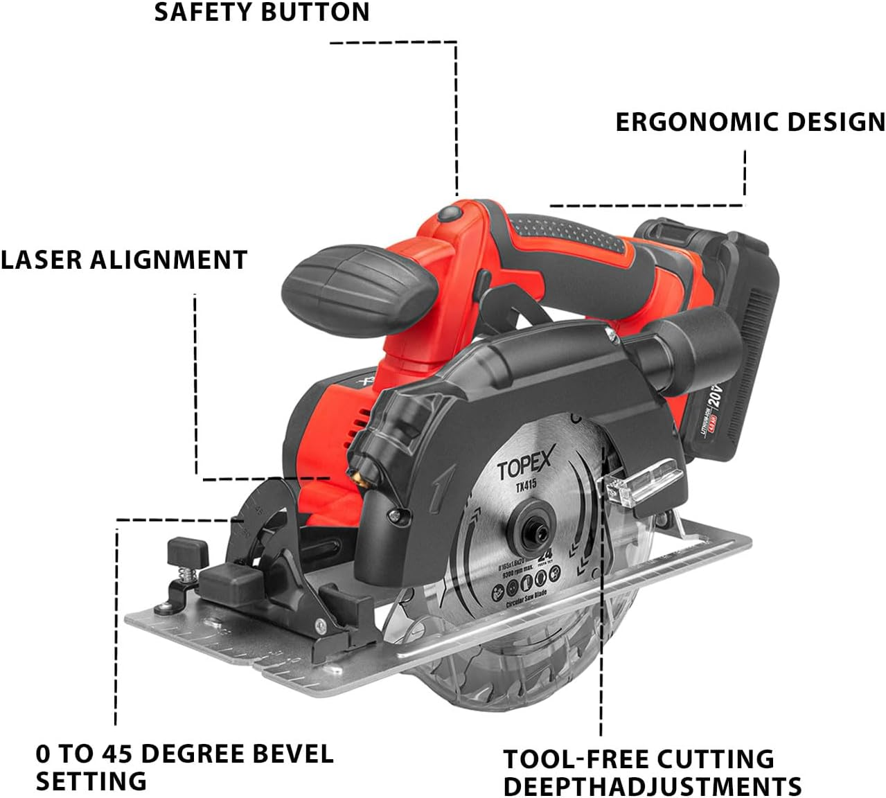 TOPEX 20V Circular Saw 165Mm Cutting Machine Professional Compact Lightweight 4,300RPM, 0&deg;- 45&deg; Bevel Cutting for Home Office Industry with 4.0Ah Battery & Charger image number 5