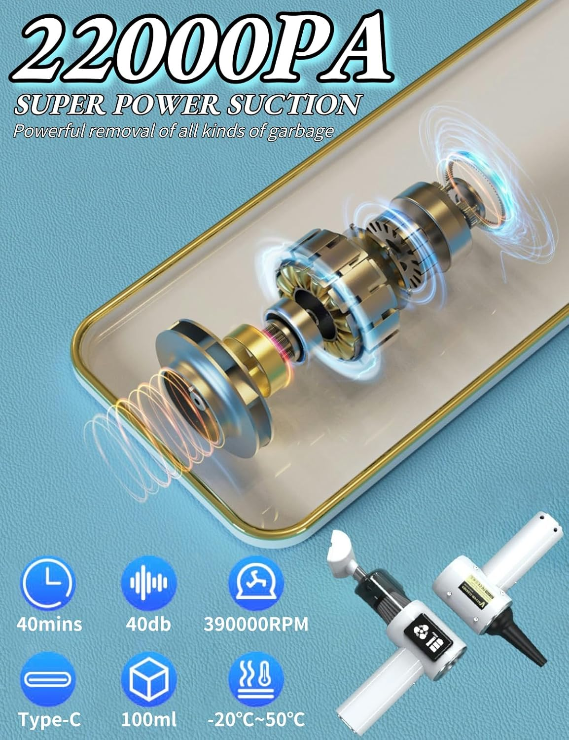 SLTLTD Car Vacuum Cleaner 22000PA - 5-In-1 Handheld with Compressed Air & LED Display | Portable for Car Accessories, Pet Hair, Home, Car Seat Cleaning (1, White) - Back image number 5