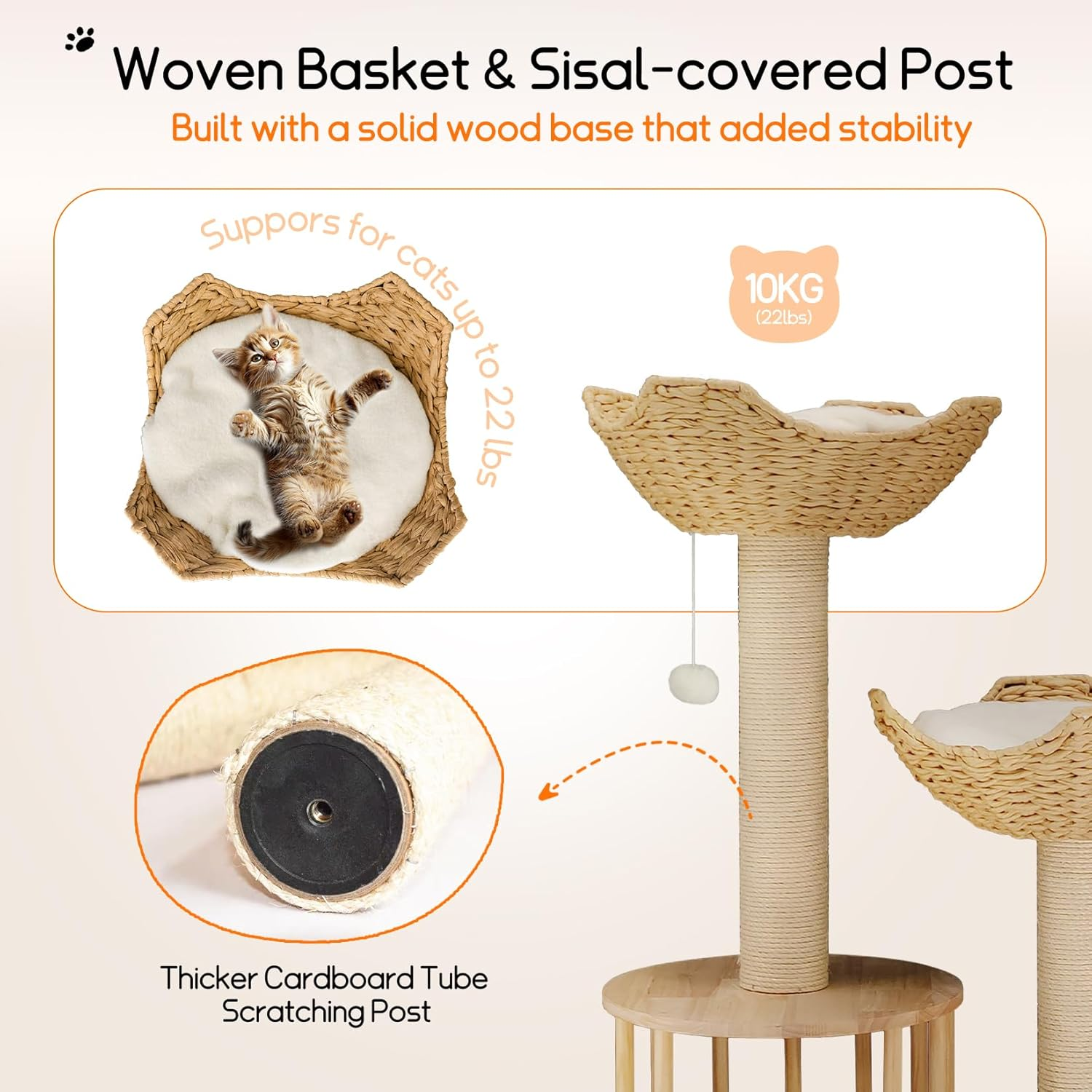 Bingopaw Wooden Cat Tower Tree: 3-Tier Kitten Tree Activity Tower Condo Furniture with Plush Cushion Cozy Rest Dangling Ball Sisal Scratching Post Indoor 60X40X99Hcm image number 1
