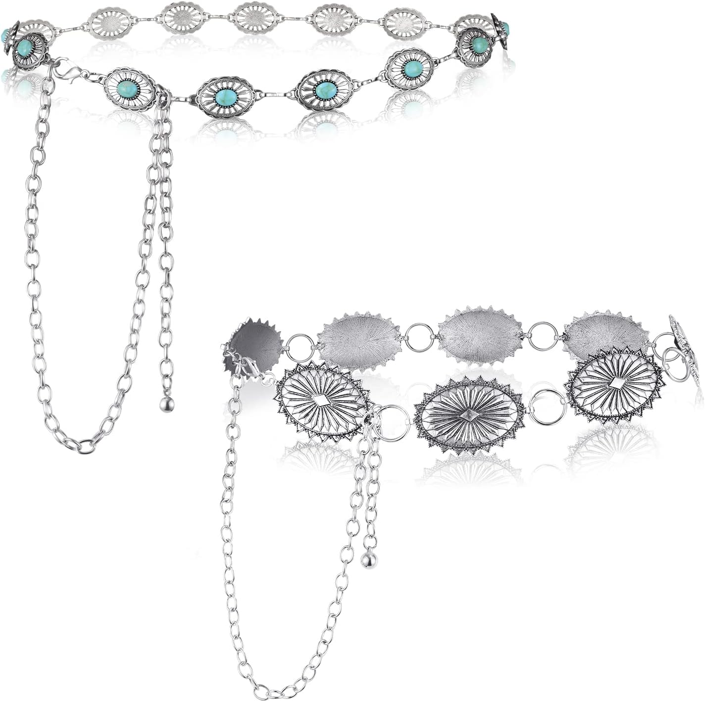 Junkin 2 Pcs Women Concho Western Chain Belts Turquoise Chain Belts Antique Western Waist Belts Country Metal Belt Link Belt image number 1