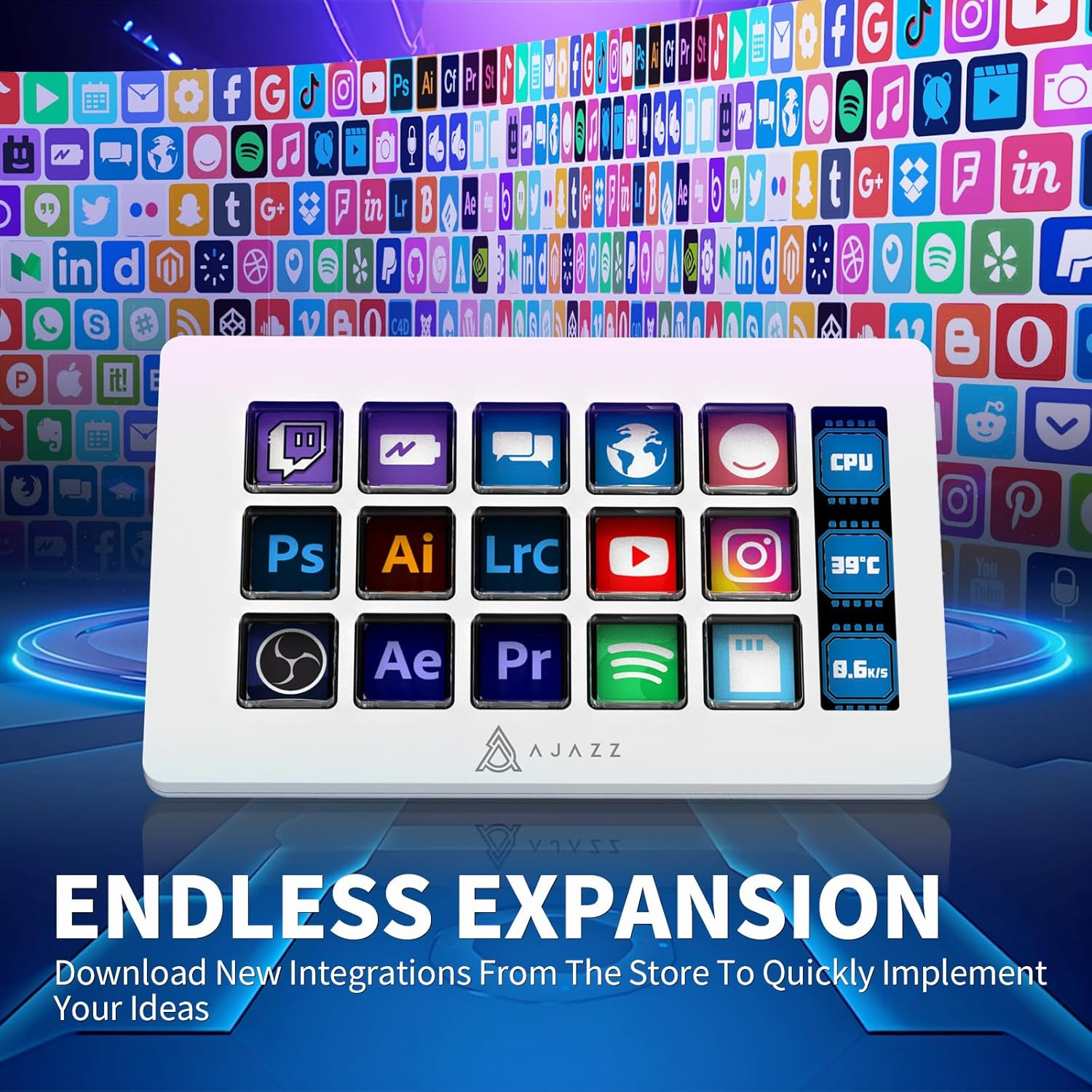 A.Jazz AKP153 Stream Studio Controller Keypad Type-C Wired with 15 Macro LCD Key&1 Side Screen Display Detachable Stand for Multi Action Triggered in Win MAC Twitter Tiktok Youtube OBS App(White) image number 2