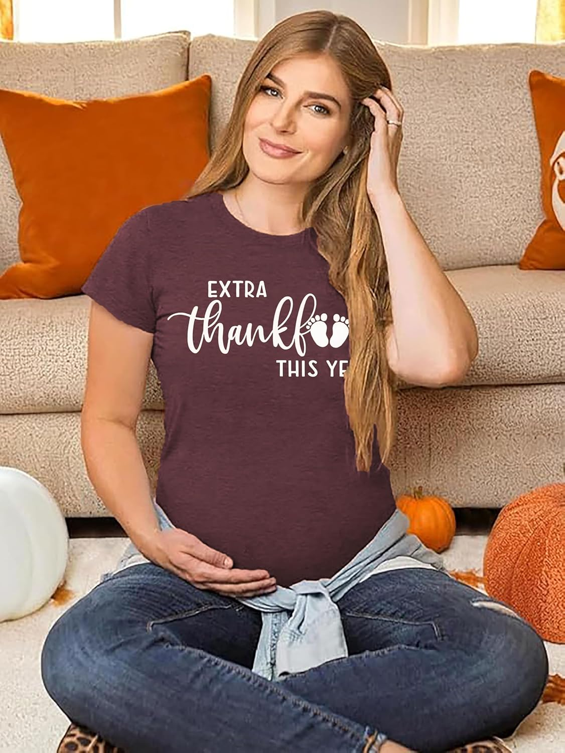 Thanksgiving Pregnancy Shirt Thankful Maternity Tees Cute Turkey Graphic Pregnancy Announcement Fall Tops Pregnancy Shirt image number 4