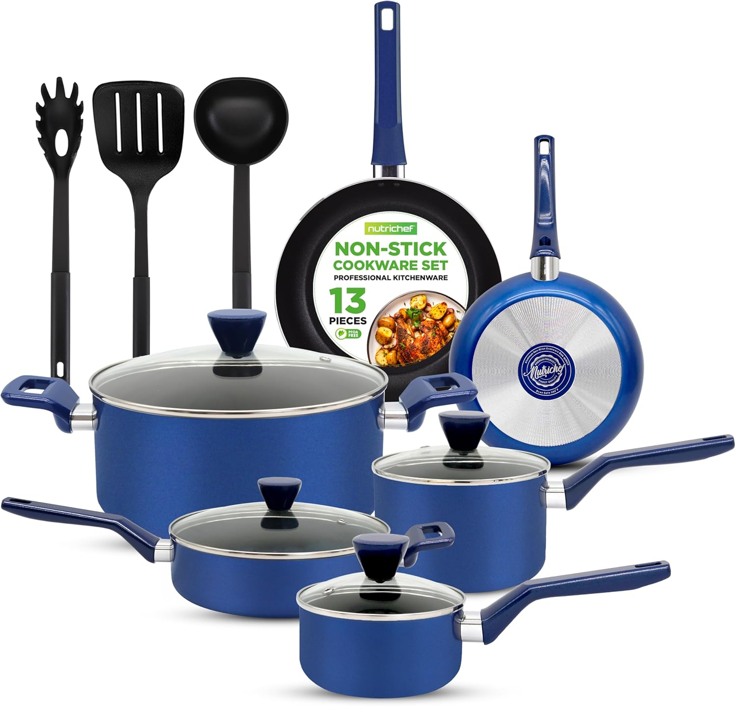 Nutrichef 13 Pcs. Nonstick Kitchen Cookware Pfoa-Free Heat Resistant Kitchenware Set W/Saucepan, Frying Pans, Cooking Pots, Casserole, Lids, & Utensils, Red