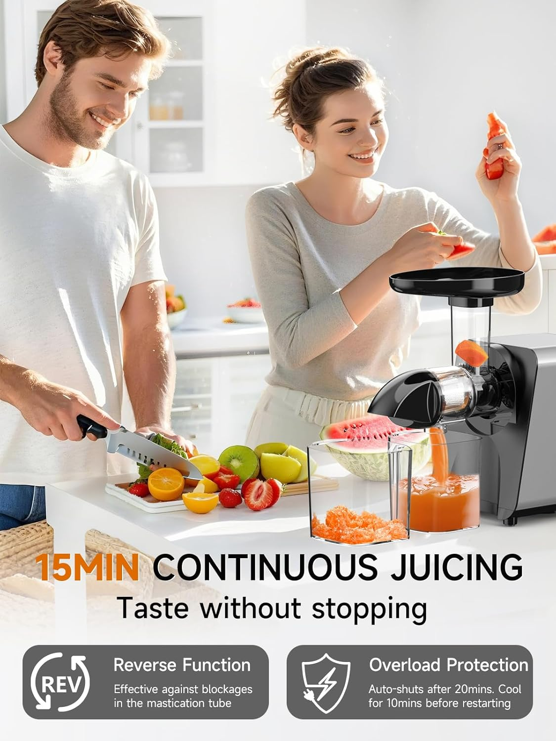 Cold Press Juicer Machines Vegetable Fruit, Slow Masticating Juicer 250W High Juice Yield for Celery, Carrot, Ginger - Easy Clean, Bpa-Free, Soft/Hard/Reverse Function, 15-Year Motor Warranty - Meteorite Gray image number 7
