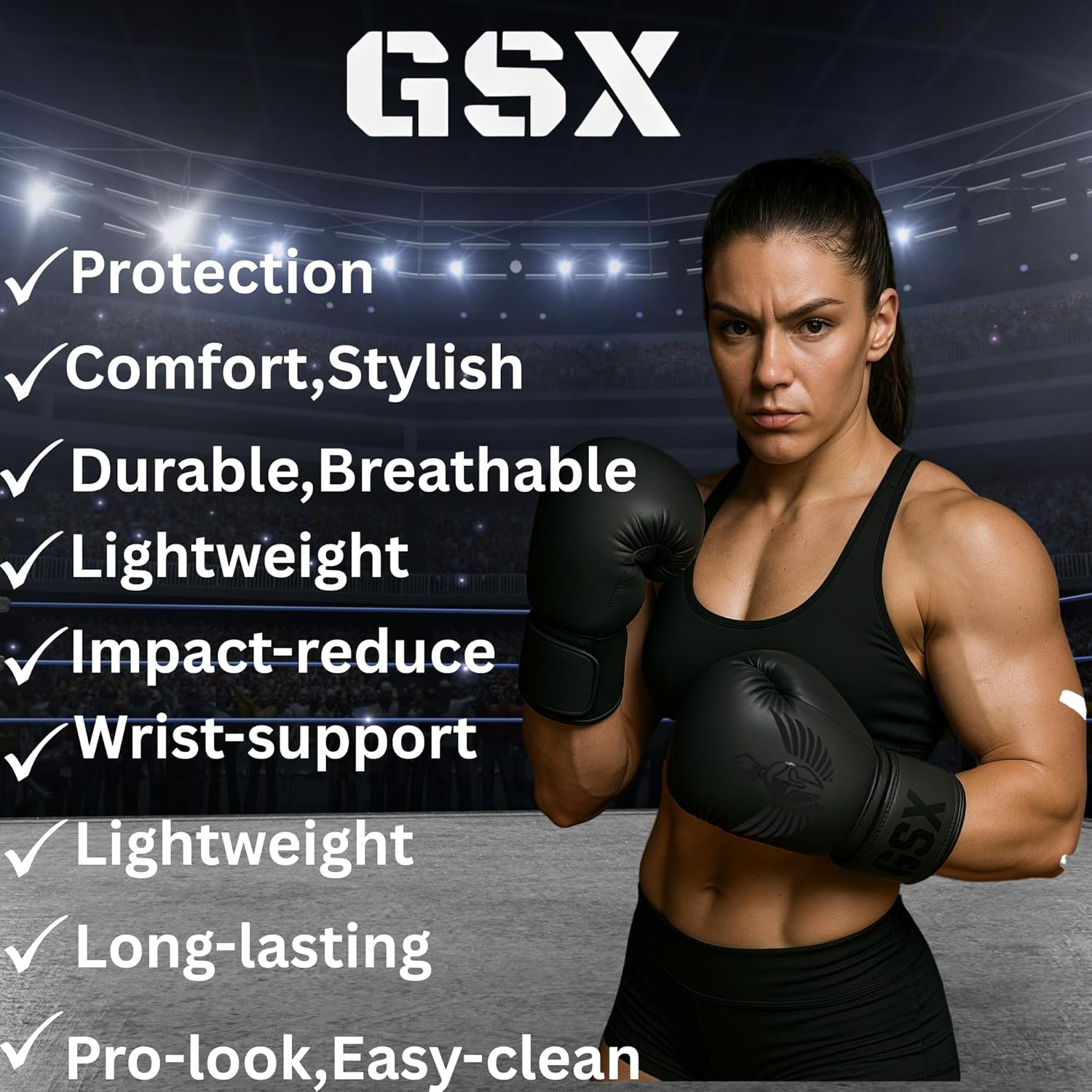 GXS Matt Black Boxing Gloves for Men & Women &ndash; Premium PU Leather Kickboxing, Muay Thai Gloves, Training & Competition, Perfect Fit and Feel, Reduces Impact Fatigue, Matt Black Boxing Gloves image number 2