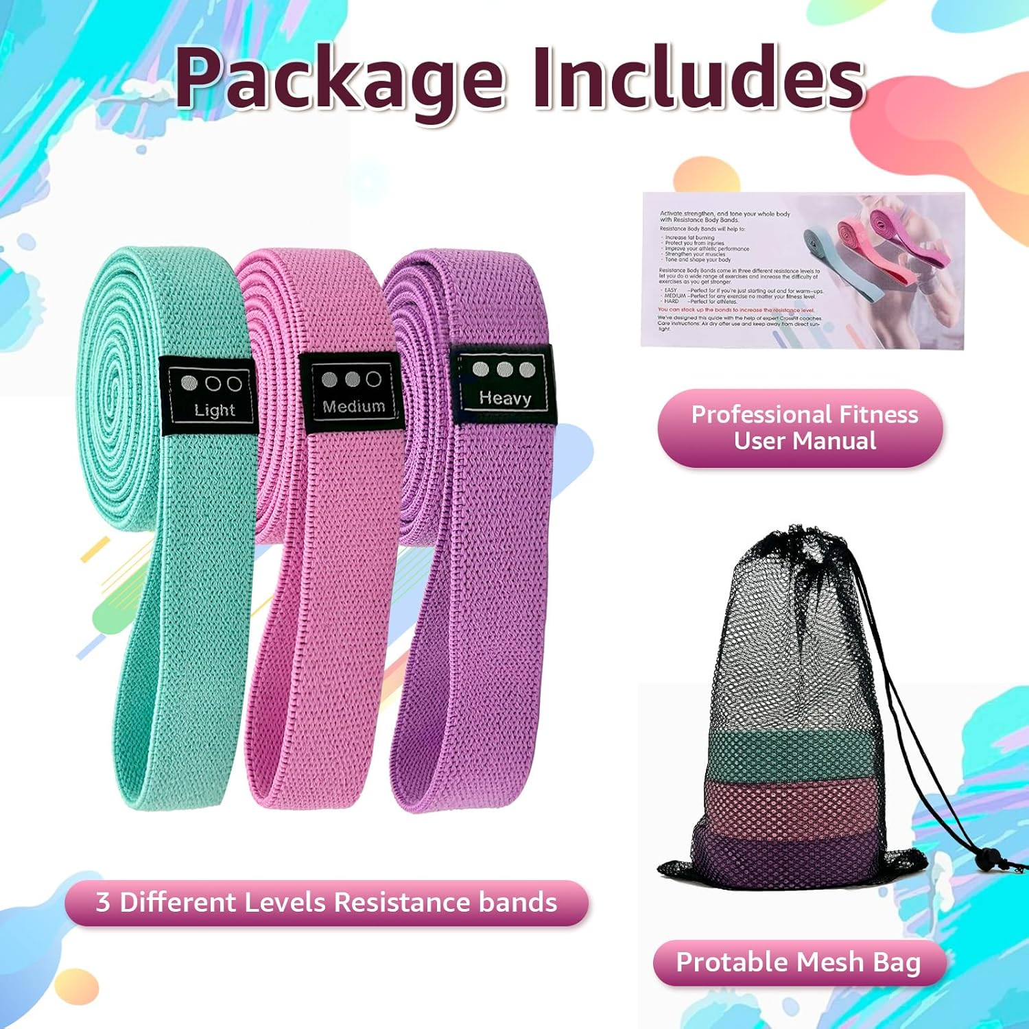 Fabric Resistance Bands Set for Working Out, 3-Level Workout Bands 18-70Lb, Long Resistance Bands for Women and Men | Elastic Bands for Exercise Bands, for Home Gym Workout, Yoga, Pilates image number 1