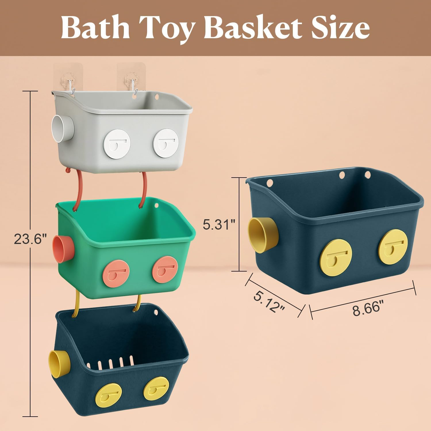 Bath Toy Storage Organizer Basket, 3 Pack Cute Robot Bathtub Shower Toy Organizer, Wall Mounted Hanging Bath Toy Holder with Hooks, for Tub Laundry image number 2