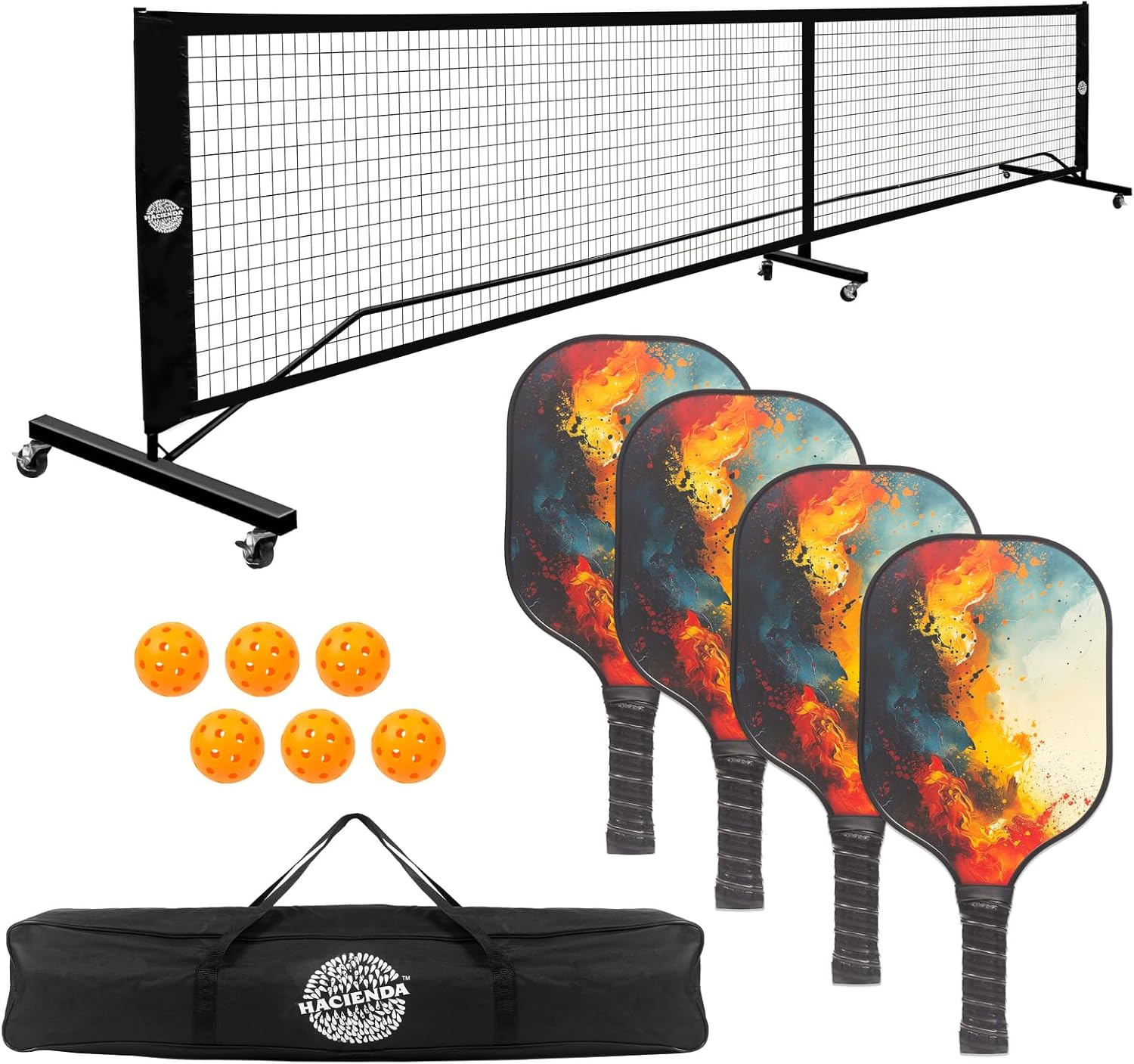 Hacienda Pickleball Set with 4 Fiberglass Paddles, 6 Balls, Net, and Carry Bag image number 4