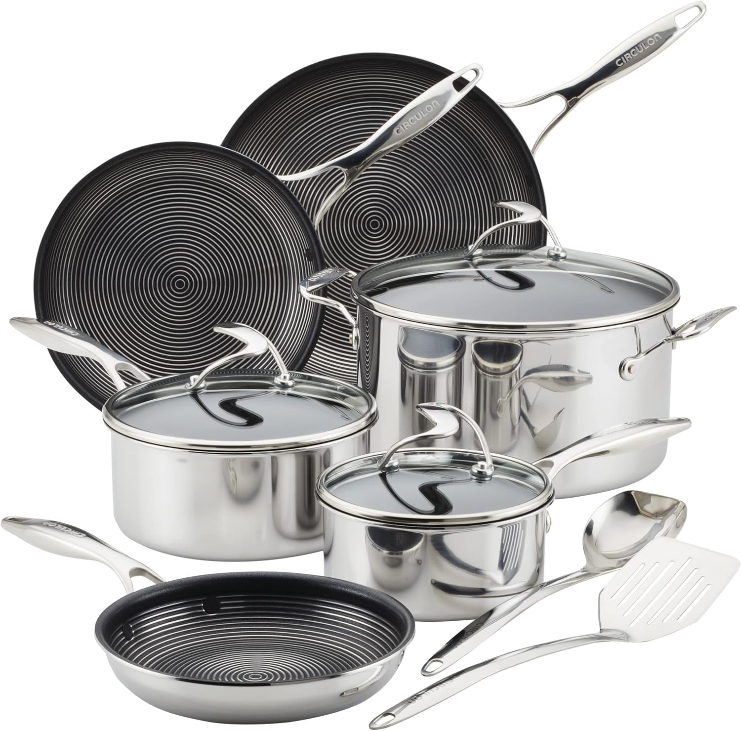 Circulon Clad Stainless Steel Cookware/Pots and Pans and Utensil Set with Hybrid Steelshield and Nonstick Technology, 11 Piece - Silver image number 2