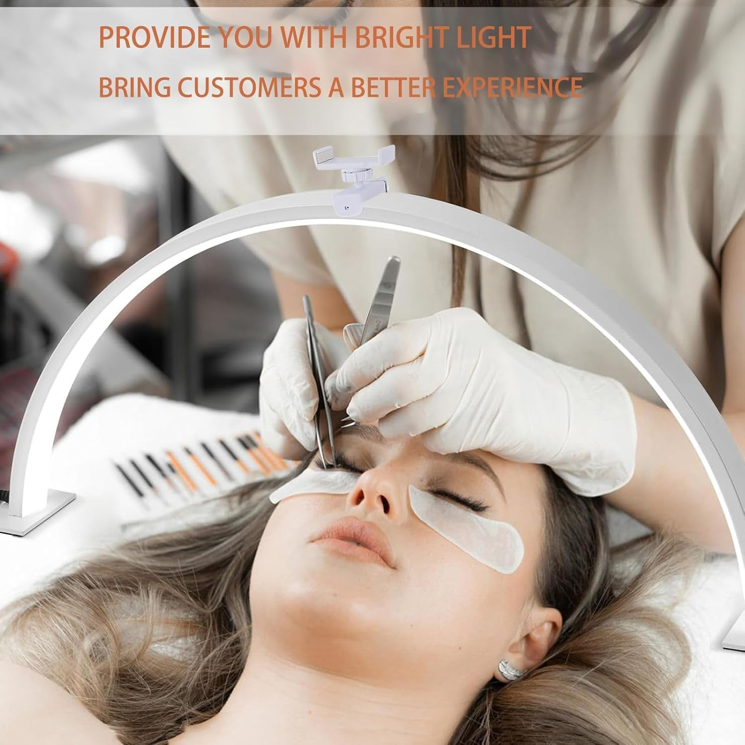 Half Moon Light for Nail Desk, 55CM Nail Table Lamp with Phone Holder, Leds Light for Beauty Manicure Eyelashes Tattoos Beauty Crafts Reading Spa with 3 Color Temperature (Crystal Diamond) - Pink image number 7