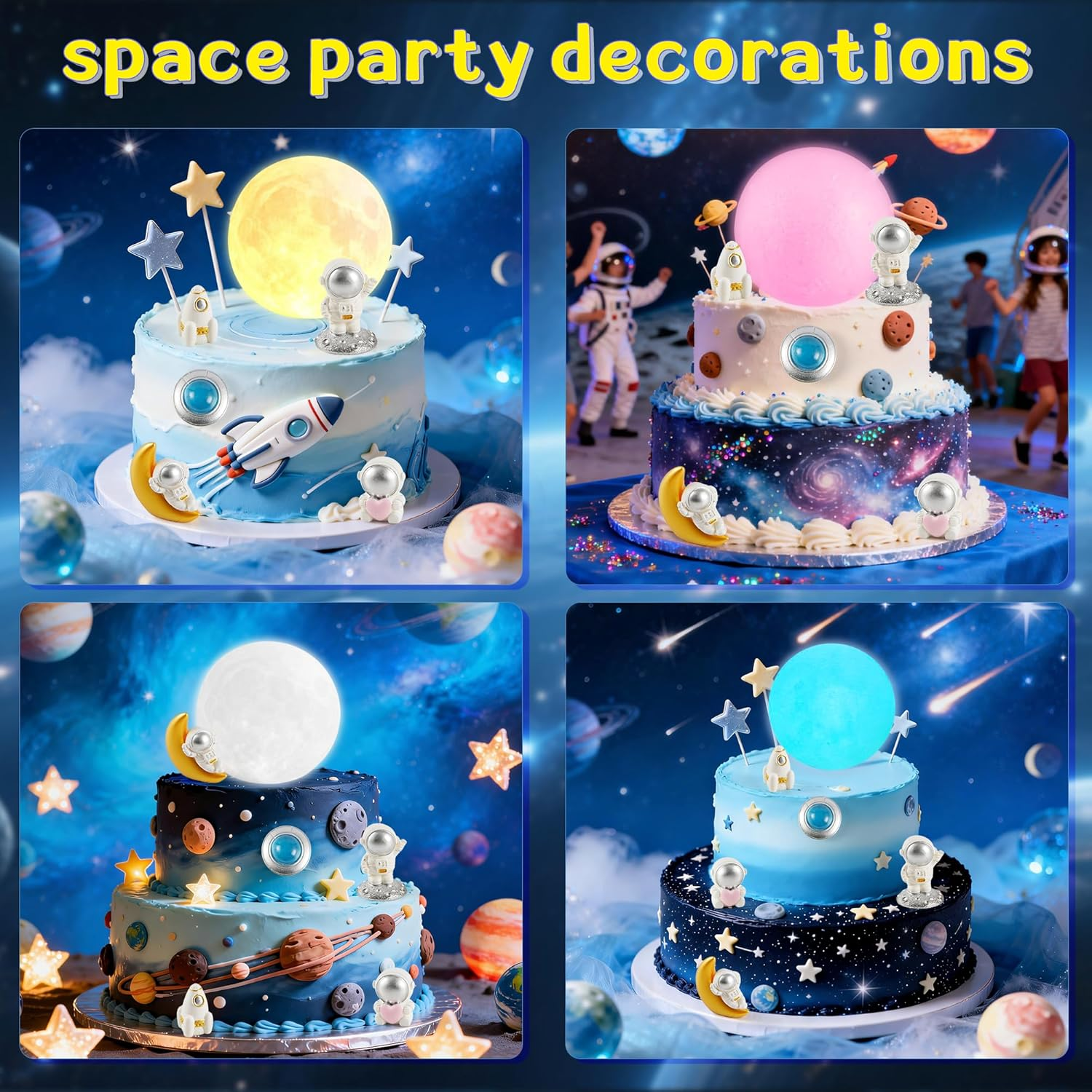 Moon Cake Topper,6Pcs Space Astronauts Diy Cake Decoration, 3D Soft Light Moon Cake Topper for Children Space-Themed Decoration Birthday Party Supplies, Cake Decoration (Yellow) - Yellow image number 4