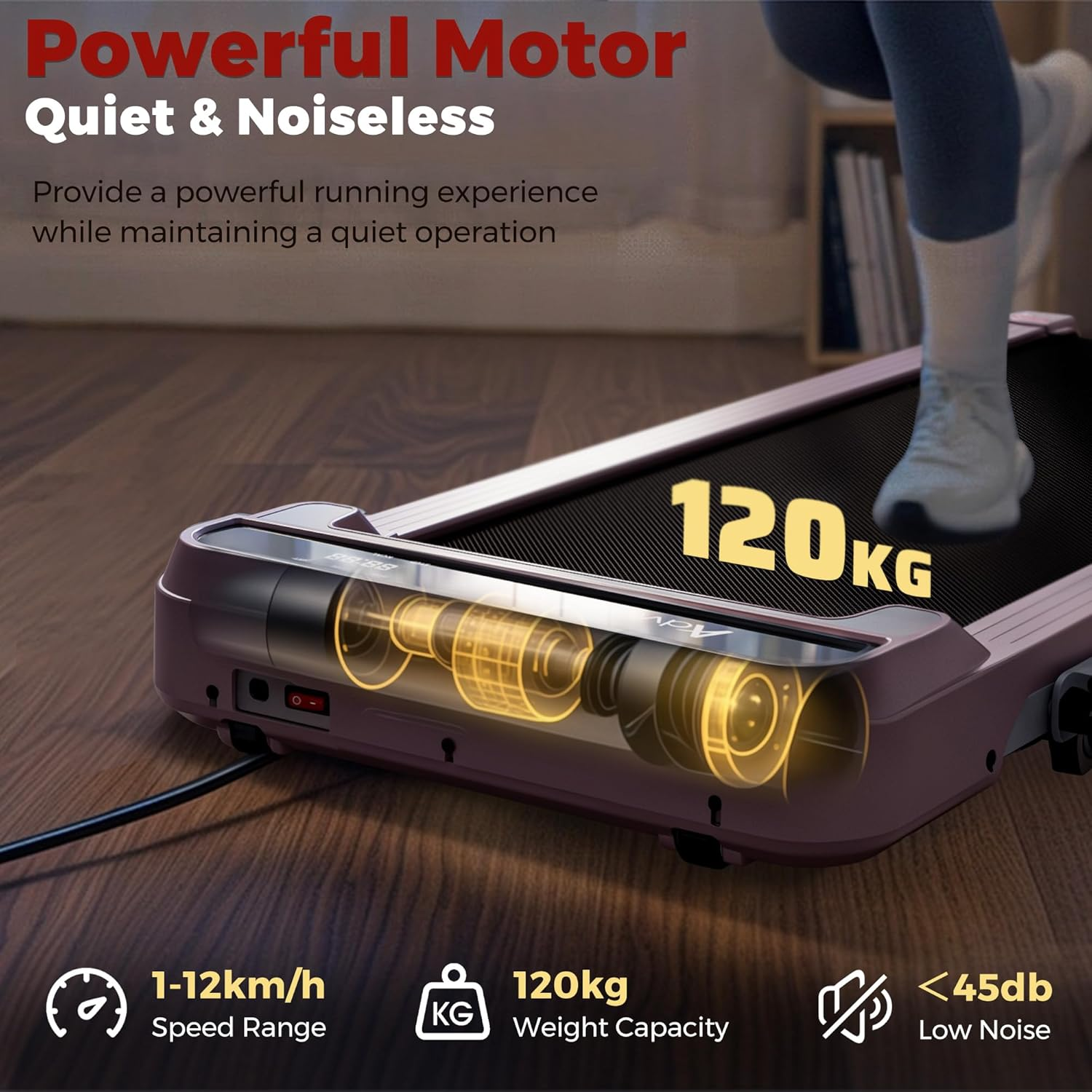 Advwin 3 in 1 Walking Pad Treadmill, under Desk Treadmill for Home, Compact Portable Electric Walking Jogging Machine with Shock Absorption|Non-Slip|Led Display|Quiet Motor|120Kg Capacity - Black image number 6