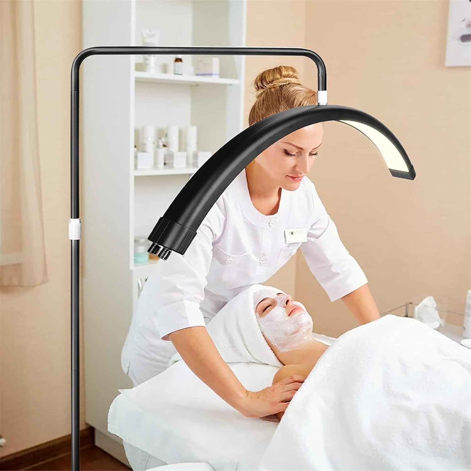 Beauty Half Moon Light Floor Fill Lamp LED Stand Lash Light Rotatable Height Adjustable 135-185Cm, Brightness Adjustable 3200K-5600K with Phone Holder 37.5X44.5X185Cm Black image number 5