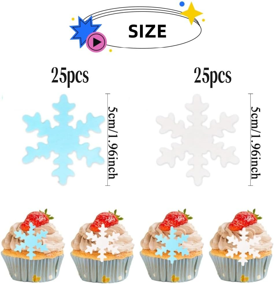 Edible Snowflake Cake Cupcake Topper, 50Pcs 5Cm Edible Frozen Cake Topper, Winter Cupcake Topper, Edible Snowflake Cake Cupcake Decoration, Edible Snowflakes Cake Topper Wafer Cupcake Toppers image number 3