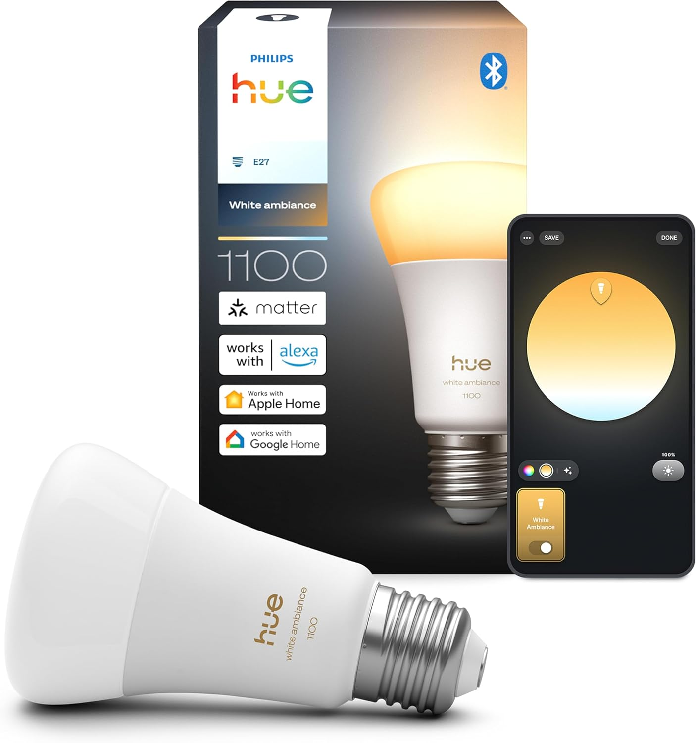 Philips Hue Smart LED A60 Bulb, White Ambiance, E27 Base, 8.1W, Full Spectrum Light 1000K-20000K, 1100 Lumens, Dimmable, Compatible with Alexa, Google Assistant, and Apple Home, 1 Pack image number 1