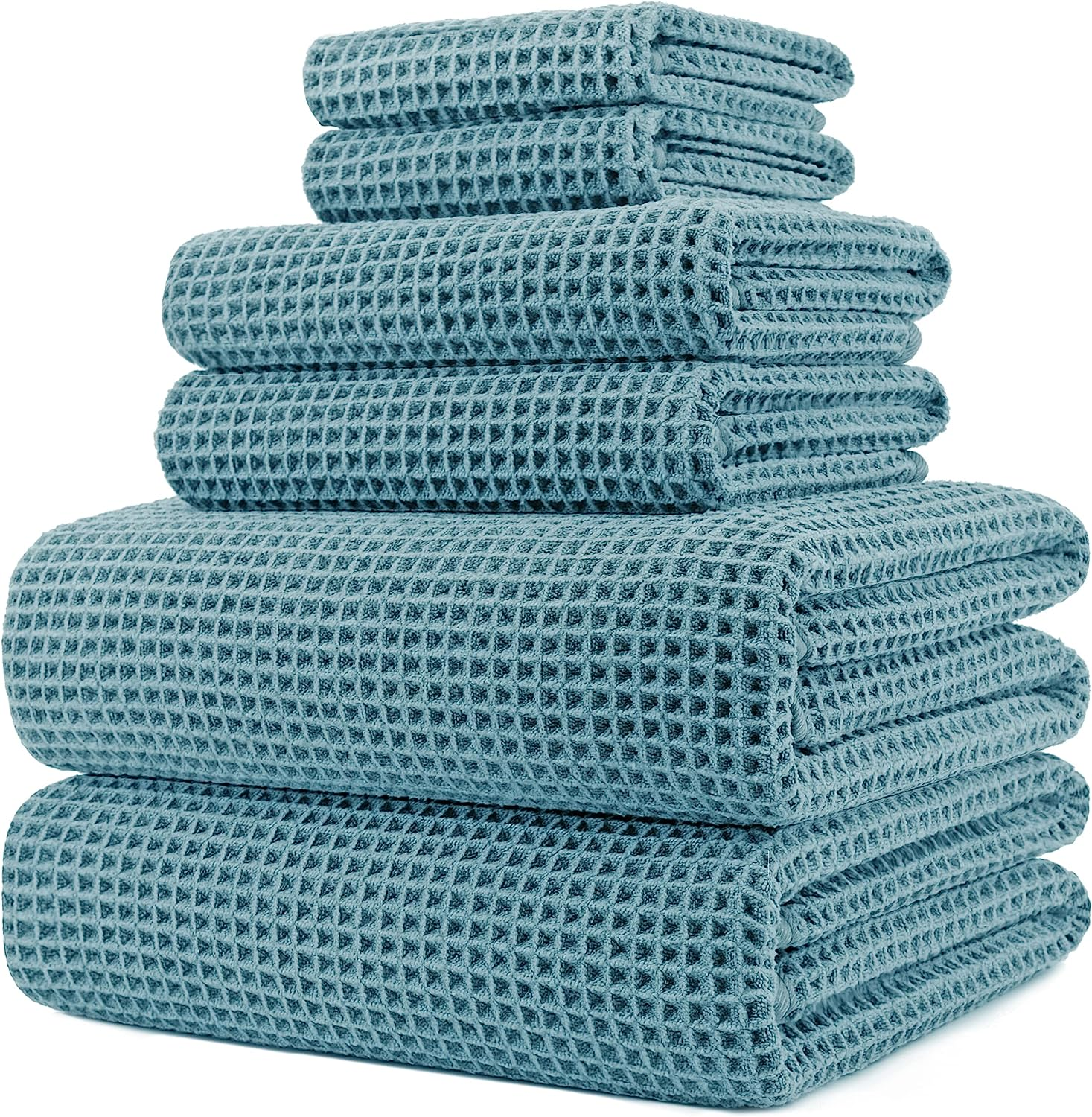 Polyte Microfibre Oversize, 76 X 152 Cm, Quick Dry Lint Free Bath Towel Set, 6 Piece (Beige, Waffle Weave) - Blue image number 3