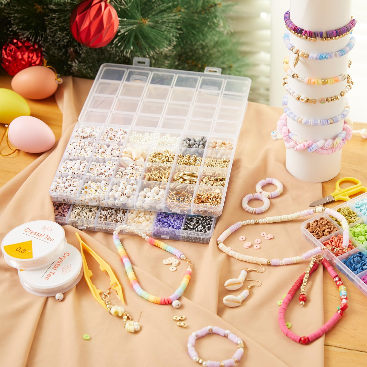 INSCRAFT 11000 Pcs Clay Beads for Bracelet Making Kit, 48 Colors Flat round Polymer Clay Beads, Friendship Bracelet Kit Heishi Beads for DIY Jewelry Making, Crafts for Girls Teen Ages 6-12 - 48 Colors image number 5