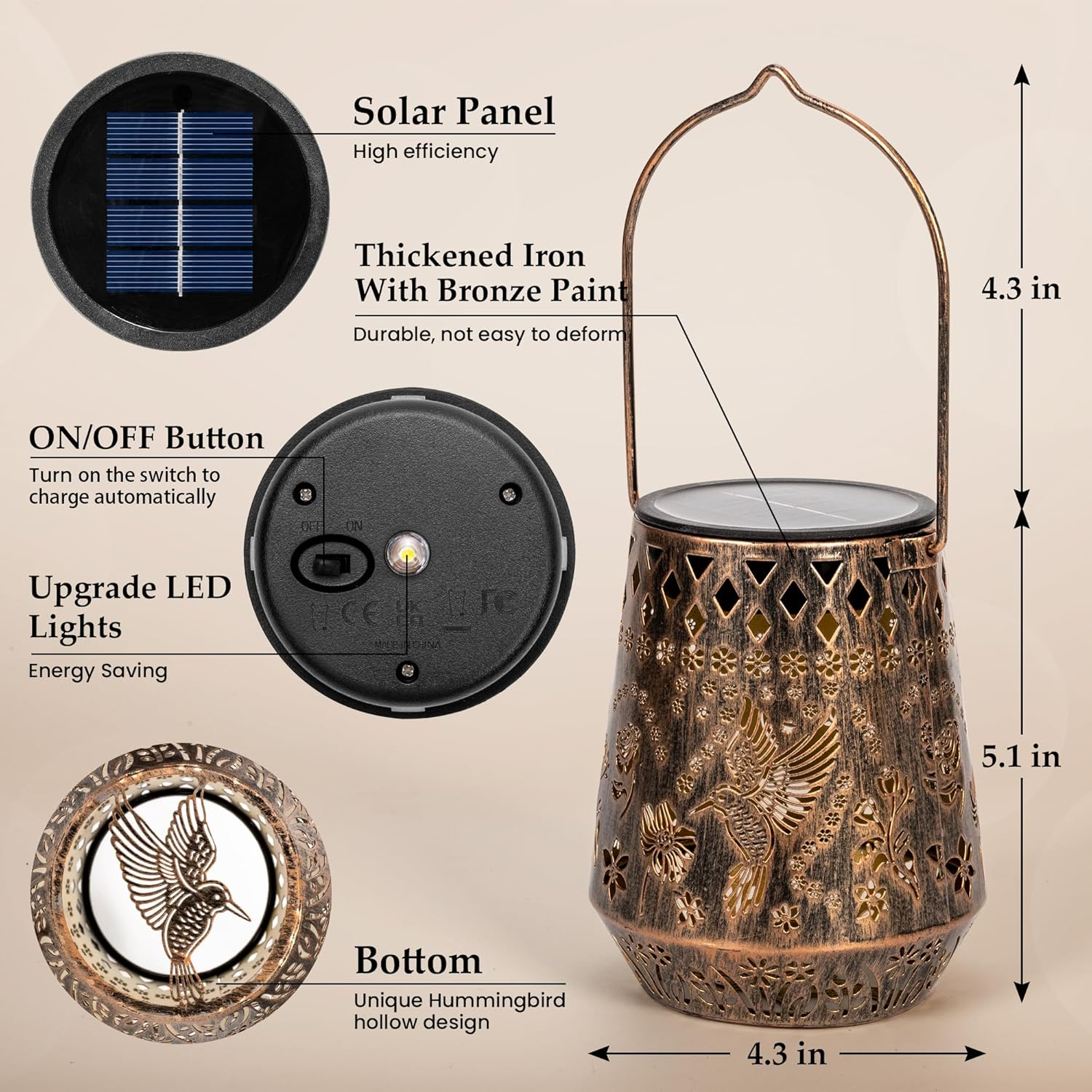 PATIOPIA Solar Hummingbird Lanterns Waterproof Outdoor Hanging Lights Metal Garden Decor for Yard Patio Porch Pool Perfect Gift for Women Mum image number 1