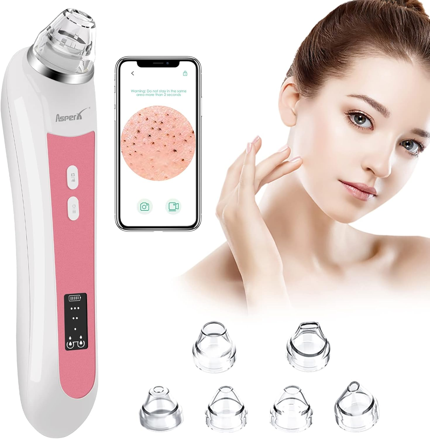 Blackhead Vacuum, Asperx 5.0 Megapixels Visible Blackhead Remover Facial Pore Vacuum, 20X Microscope Blackhead Suction Tool, Rechargeable Suction Facial Pore Cleaner with 6 Replaceable Tips(Upgraded) image number 3