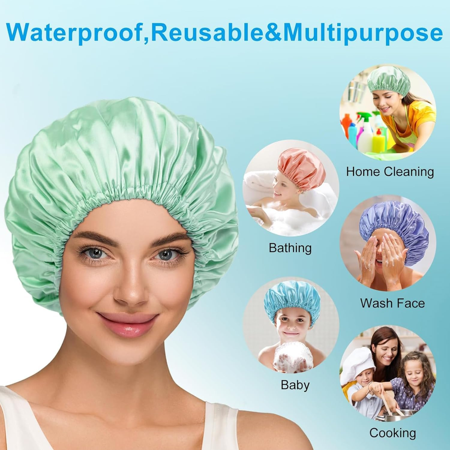 Shower Caps for Women,4 PCS Waterproof Bath Caps,Elastic and Reusable Shower Hair Cap,Double Layers Hair Cap,Environmental Protection Bathing Hat (Multicolour) image number 4