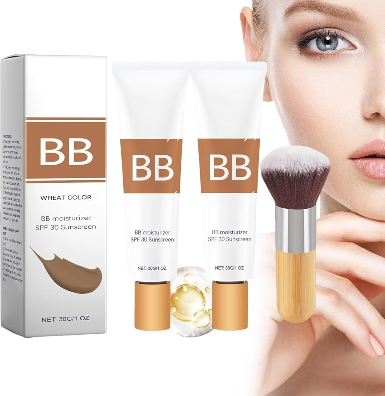 Bb Blur Tinted Moisturizer Spf 30, Bb Cream Tinted Moisturizer, Smooths Moisturizing Coverage Foundation Cream with Brush, Full Coverage, Oil-Free, Light, Hydrates (2Pcs-Natural)