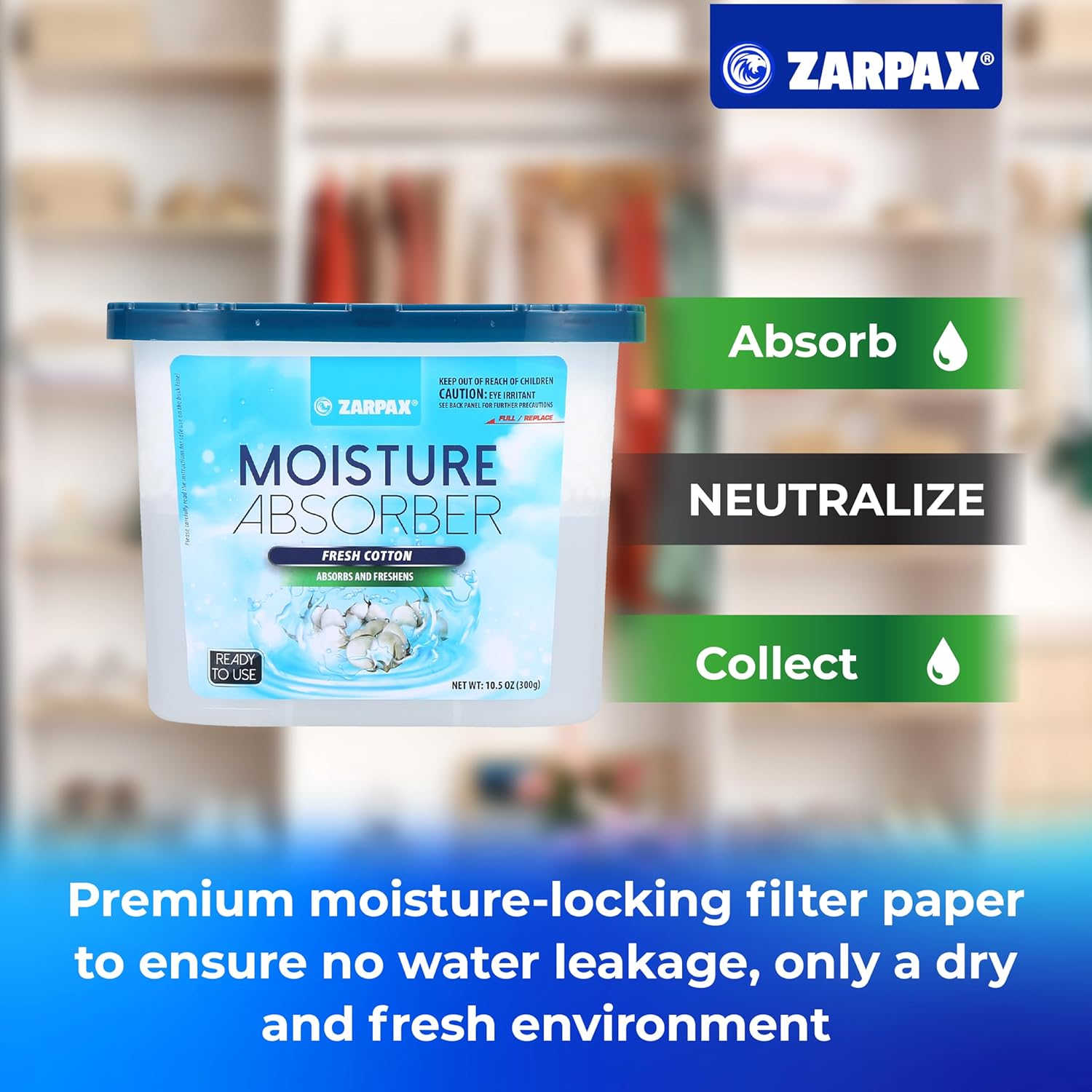 ZARPAX Moisture Absorber Fresh Cotton 300G | Removes Moisture, Damp & Humidity | Odor Absorber with Fresh Cotton Fragrance | Moisture Trap for Bathroom, Closet, Kitchen & Small Spaces | Set of 4 image number 1