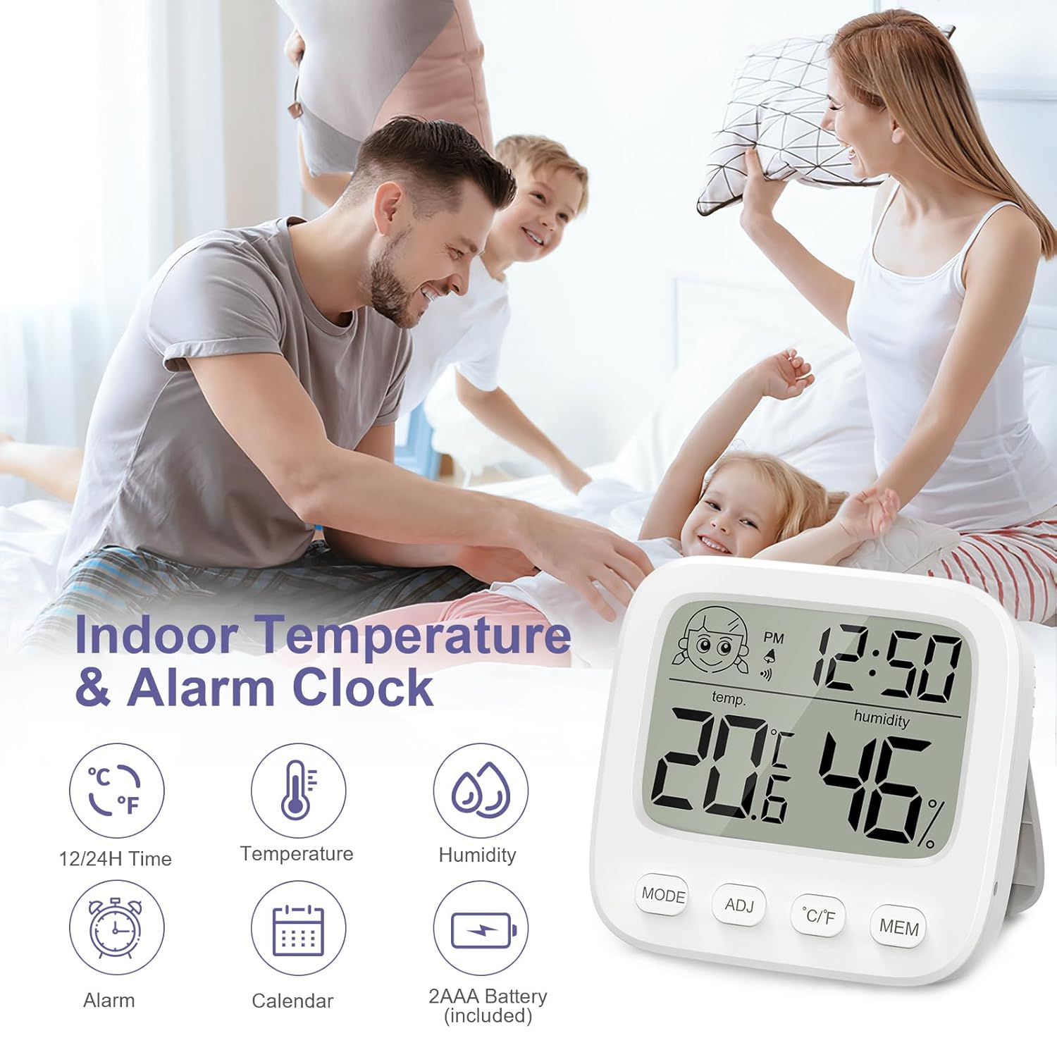 OQIMAX Digital Room Thermometer Hygrometer Indoor Temperature Humidity Monitor Gauge Temperature Humidity Monitor with Comfort Display,Clock,Alarm,12/24 H, ℃/℉,Date for House Office Bedroom image number 3
