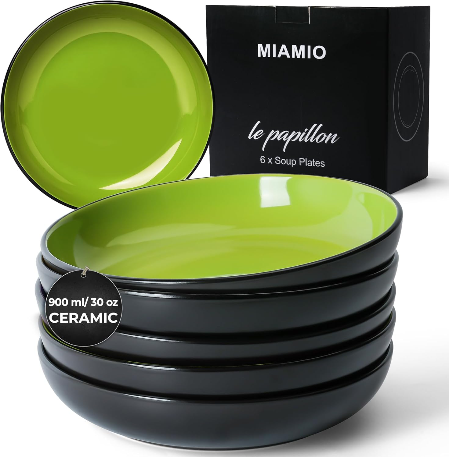 MIAMIO &ndash; 890 Ml Set of 6 Pasta Bowls/Salad Bowls, Pasta Plates Wide and Shallow Bowl, Large Ceramic Stoneware Deep Plate Serving Soup, Microwave and Dishwasher Safe - Le Papillon Collection (Black)