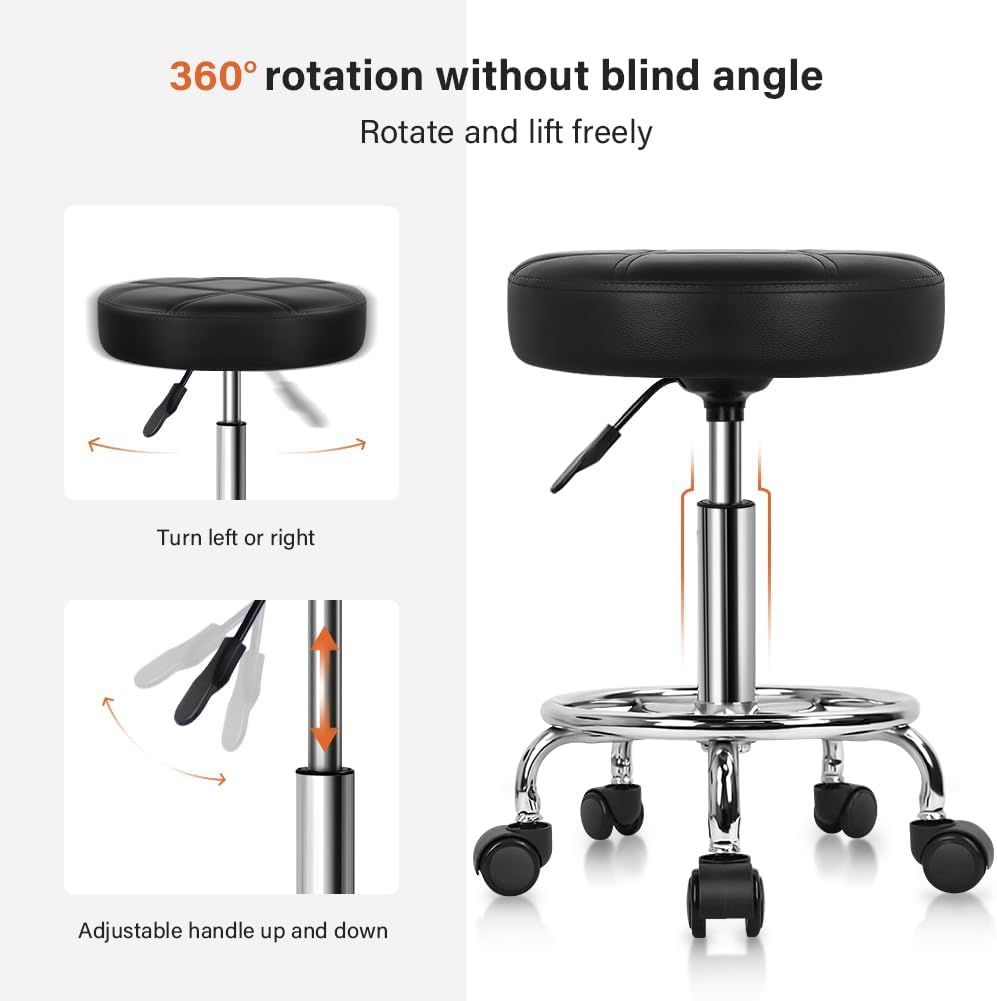 KKTONER round Rolling Stool Chair PU Leather Height Adjustable Swivel Drafting Work SPA Shop Medical Salon Stools with Wheels Office Chair Small (Black) - Black image number 3