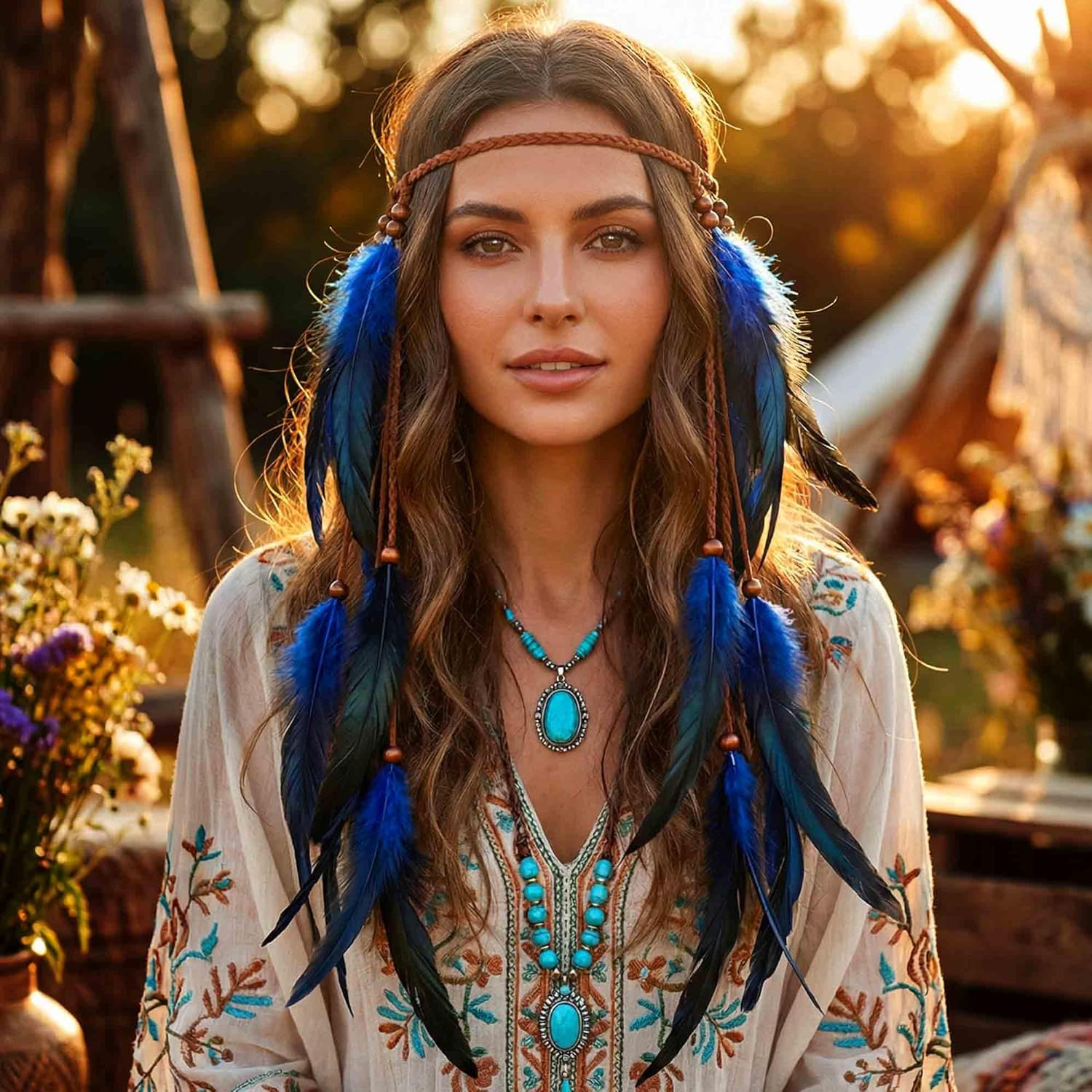 Fashband Indian Feather Headband Boho Tassel Hippie Tribal Headpiece Festival Hair Accessories for Women (Royal Blue, One Size) image number 5